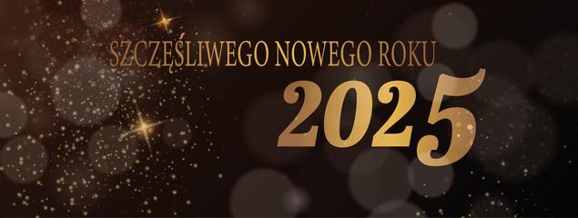 karta lub baner z życzeniami szczęśliwego nowego roku 2025 w złocie na czarnym tle z kręgami gwiazd i złotym brokatem z efektem bokeh