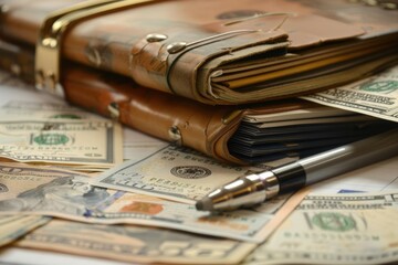 Fototapeta premium Financial Expense Report: A Comprehensive Summary of Annual Costs and Accounting, Featuring Cash and Banknotes in a Binder