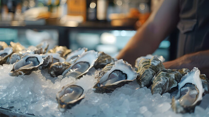 close up of fresh oysters on ice at a nobel seafood eatery - obrazy, fototapety, plakaty