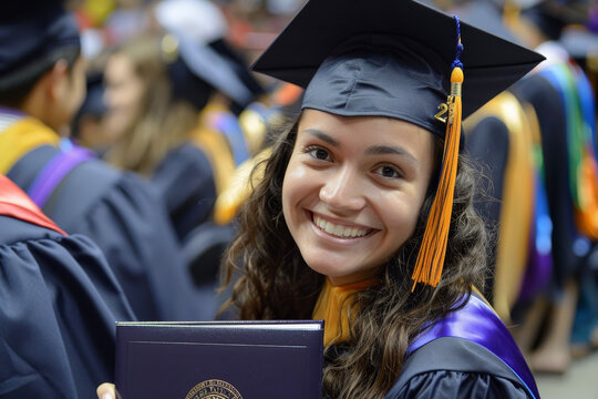 A woman wearing a graduation cap and gown smiling and holding her diploma