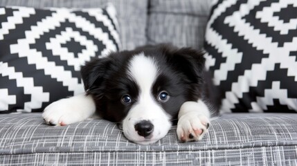 a black and white dog laying on top of a couch next to a black and white checkerboard pillow.