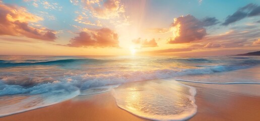 Stunning sunset/sunrise over ocean, soft waves, sandy beach, colorful sky. Generative AI - obrazy, fototapety, plakaty