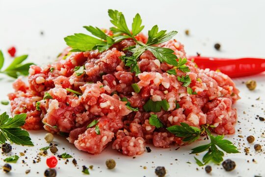 Freshly Ground Minced Meat with Spices and Herbs on a White Background - Ideal for Recipes