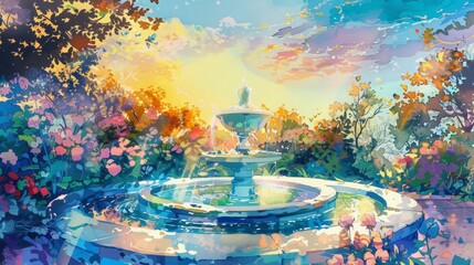 a romantic colorful garden with a fountain pond, blue sky, beautiful sundown - obrazy, fototapety, plakaty
