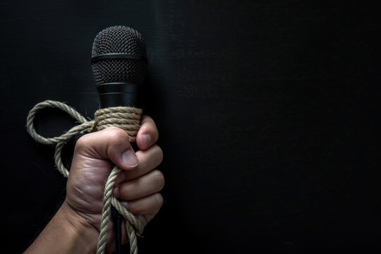 A microphone is being held by a person with a rope around it. Concept of restraint and captivity