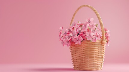 Fototapeta na wymiar a wicker basket with pink flowers in it on a pink background with a pink wall in the back ground.