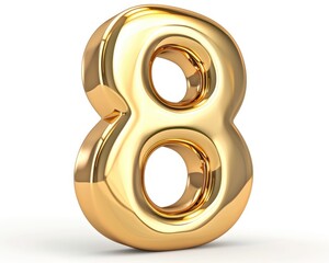 Golden Number Eight. Polished Metallic Object with Clipping Path. Three-Dimensional and Shiny.