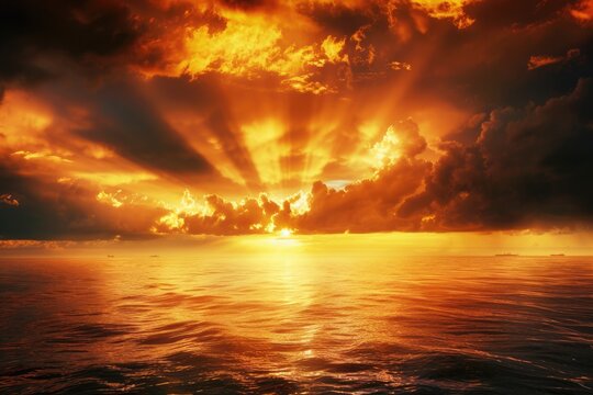 Golden Horizon: A Bright and Vibrant Sunset Over the Ocean with Dramatic Dark Clouds and Rays of Light