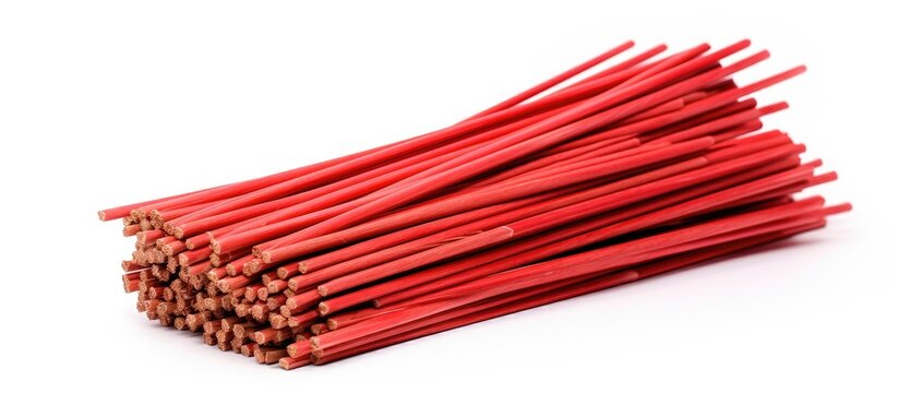 An artful arrangement of magenta chopsticks creates a striking pattern against the white background. Perfect as a fashion accessory or hair accessory for a peachthemed event