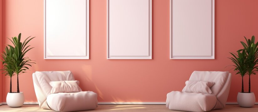 This room features two white chairs against a pink wall, complemented by a gallery wall with three monochrome picture frames. The decor is simple yet stylish, creating a bright and inviting space.