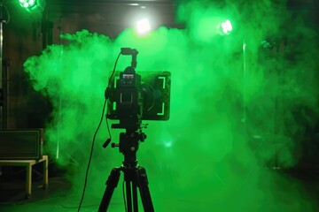 Green Chroma Key Background for Business and Cinematography. Clapper-Board in Cinema Studio