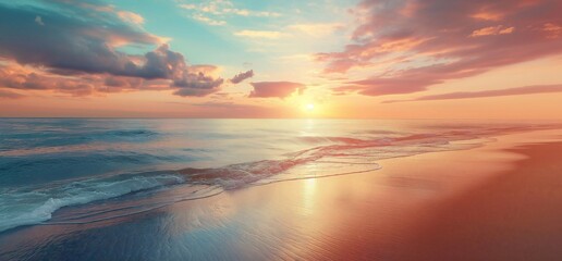 Stunning sunset/sunrise over ocean, soft waves, sandy beach, colorful sky. Generative AI - obrazy, fototapety, plakaty