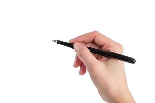 A hand holding a pen and writing on a white background. Concept of creativity and the act of writing