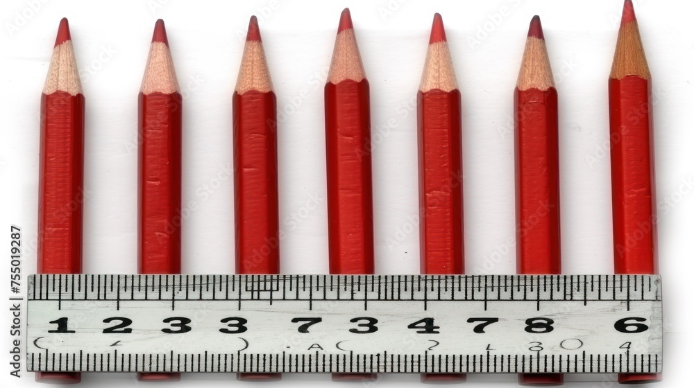 Poster a group of red pencils sitting next to a ruler on top of a white surface with a ruler in front of th