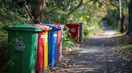 Fototapeta premium Green Recycling Bin Stand for Outdoor Use in Melbourne, Australia - Encouraging Plastic Waste Reusing and Rubbish Disposal