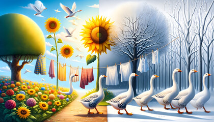 a whimsical digital artwork that illustrates the saying 'summer in the light, winter in the shade.' On one side, show bright summer and winter