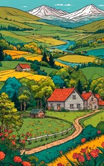 Obraz premium Illustration of natural landscape, with cloudy sky, countryside houses and trees