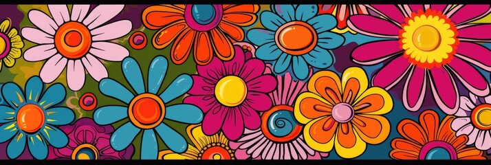 Fototapeta na wymiar Groovy Hippie Flower Power: Retro Floral Art Set for Flower Child Summer Vibes and Groovy Colors