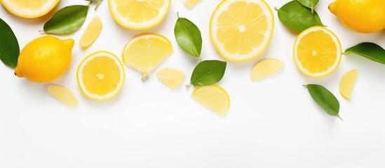 Fresh citrus fruits like Meyer lemon, Rangpur, and sweet lemon, sliced and surrounded by green leaves on a white background. Perfect ingredients for a refreshing lemonbased recipe