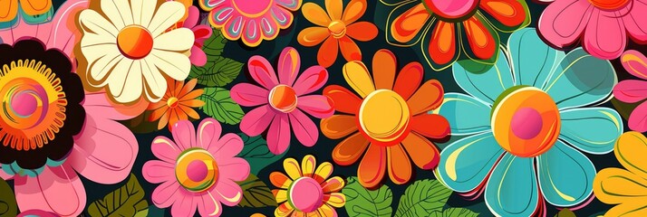 Fototapeta na wymiar Groovy Hippie Flower Power Set. Retro Floral Art with Vibrant Summer Colors for Flower Child Aesthetic