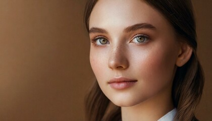 Obraz premium Portrait of a brown-haired young woman with natural makeup and natural style. Advertising of natural cosmetics, beauty salon