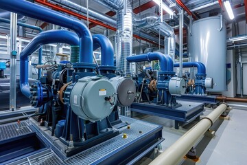 Industrial Cooling System in Boiler Room: Units, Pumps, and Compressors Power Central Air and Water Control in an Industry Setting - obrazy, fototapety, plakaty