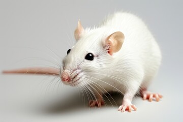 Isolated White Rat with Fluffy Fur. Close-up of a Domestic Rodent with Long Tail. Mammal Pest in White Background