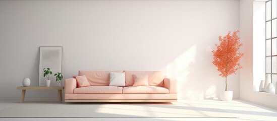 A white stylish minimalist living room featuring a coral pink couch and a potted plant. The room is designed with Scandinavian interior style, emphasizing simplicity and elegance.