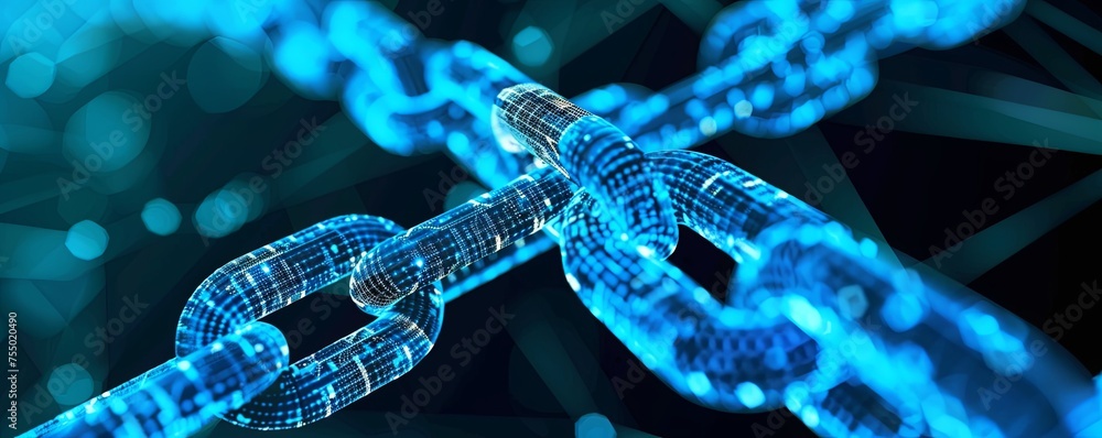 Poster blockchain security chain in cyberspace this panoramic image vividly captures the essence of blockch