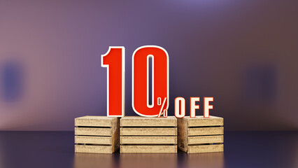 ten percent -10% off discount 3d illustration on wooden podium. Modern sale or promo layout design for online banner, poster, ad etc.