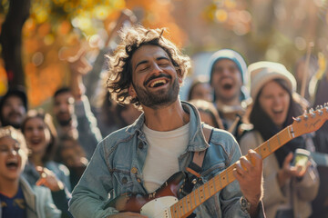 A man smiling and playing guitar in front of a cheering crowd --ar 3:2 --v 6 Job ID: d391e3c1-cfec-4b5e-8a6d-ab7f32a1eac8 - obrazy, fototapety, plakaty