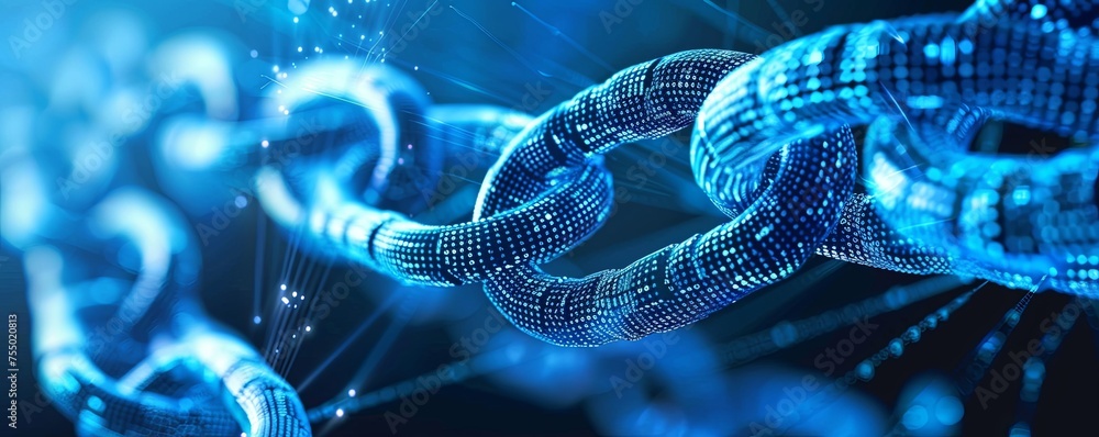 Poster panoramic digital blockchain links with luminous connectivity a panoramic view focusing on the glowi