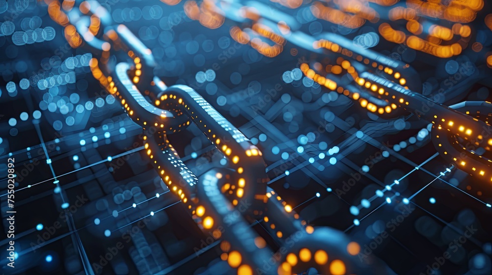 Poster the vibrant flow of a blockchain network is captured in this image, highlighting its glowing connect