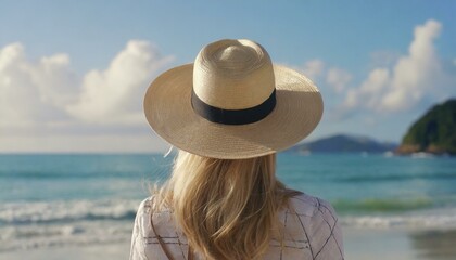 Fototapeta na wymiar Traveller woman in hat looking on tropical beach, rear view.