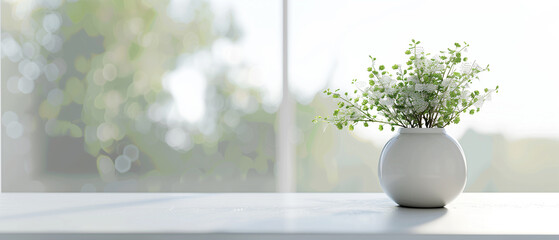 Vase and plants isolated on white marble table and blurred windows background with lense flare and copy space, apartment or kitchen interior design - obrazy, fototapety, plakaty