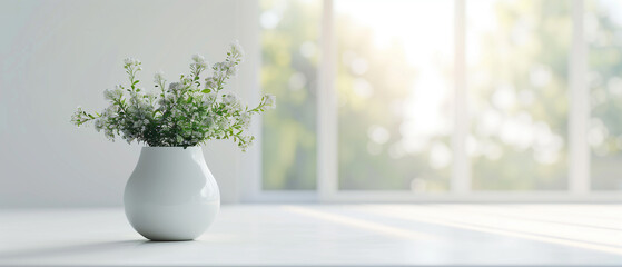 Vase and plants isolated on white marble table and blurred windows background with lense flare and copy space, apartment or kitchen interior design - obrazy, fototapety, plakaty