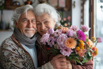 Embracing Golden Years, A Senior Couples Joyous Moments With Vibrant Flowers