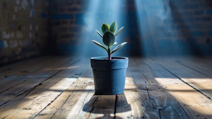 a small potted plant on a wooden floor in a room with beams of light coming in from the ceiling.