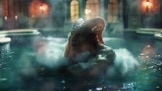 A relaxed monster on a cloud swims in the pool