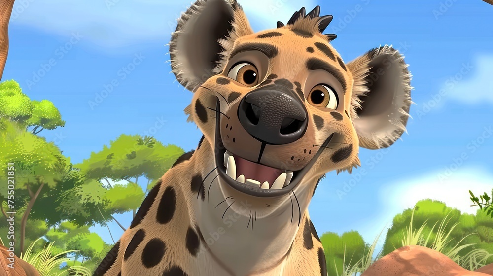 Poster a close up of a giraffe on a field of grass and trees with a sky in the background.