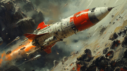 Epic space battle scene with exploding spaceship; dramatic digital artwork of a space fight with a ship erupting into flames