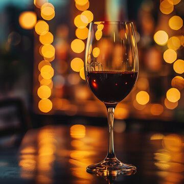 A glass of wine on the table in luxury bar and blurred bokeh background.