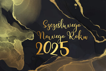 karta lub baner z życzeniami szczęśliwego nowego roku 2025 w złocie na czarnym tle ze złotymi gałęziami
