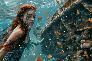 A mermaid surfaces near a shipwreck, her hair floating like seaweed.