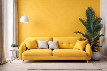 Yellow living room interior with yellow sofa and plants