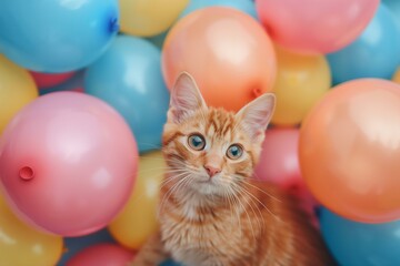 Fototapeta na wymiar Cute cat looking curious with balloons in the background.