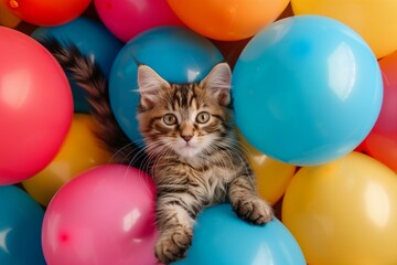 Fototapeta na wymiar cute cat surrounded by balloons