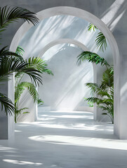 A hallway lined with arches, leading way to palm trees in the background, creating a serene and atmospheric landscape