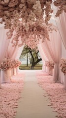 Wedding tent for a summer wedding celebration in nature, a festive pink covered tent decorated with flowers
