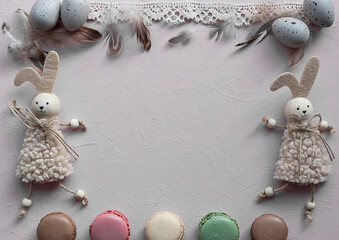 Easter card with decoration. Easter egg , easter bunny and macaroons cookies on background with...